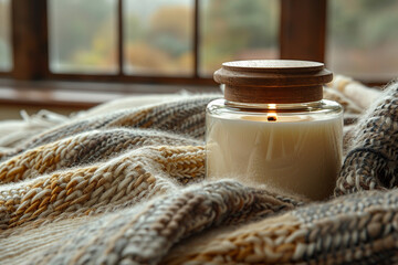 Burning candles in glass bowl on wooden table, closeup view.