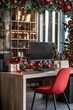 © HISTOCK - Desk with computer and christmas decorations in an office