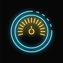 Poster - Neon sign of a speedometer with glowing yellow needle indicating high speed