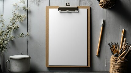 Poster - High-resolution mockup of a blank clipboard, isolated background, metallic clip with soft shadows.