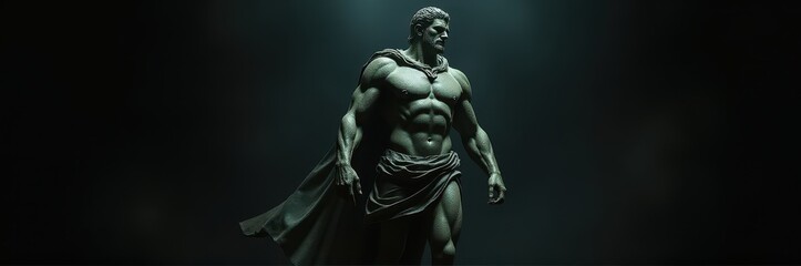  Sculpted male figure with a muscular physique and cloak, presented with a banner stoic background, evoking classical strength and composure.