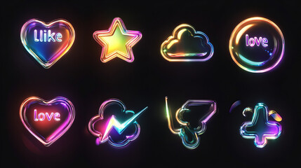 Glass icons in neon colors with backlight effect look futuristic and stylish, adding dynamics and brightness to the image.