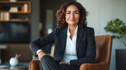 Confident senior Hispanic woman in a tailored business suit, sitting in a high-backed chair in a modern corporate office, smiling at the camera. Planning and online review for media research