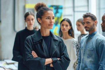 Confident female leader with diverse team inside modern office environment