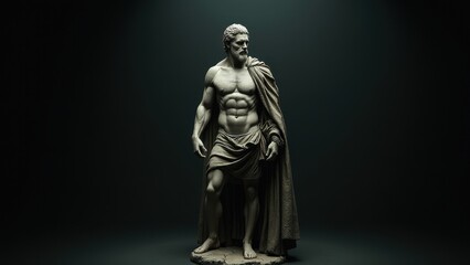  Realistic digital sculpture of a powerful man, wearing a cloak, posed against a banner stoic background, creating a sense of authority and stillness.