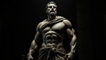  Sculpted male figure with a muscular physique and cloak, presented with a banner stoic background, evoking classical strength and composure.