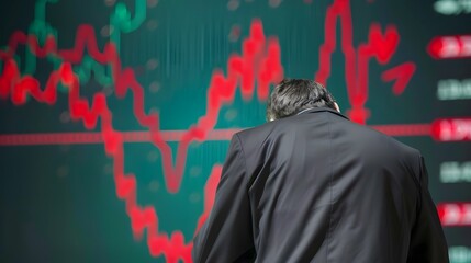 Confident businessman in suit stands before digital stock market screen showing downward graph. Finance, investment, short seller,risk, opportunity, futures, derivatives,volatility, uncertainty