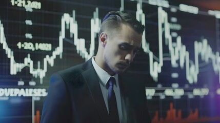 Confident businessman in suit stands before digital stock market screen showing downward graph. Finance, investment, short seller,risk, opportunity, futures, derivatives,volatility, uncertainty