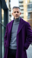 Fototapete - A man in a purple coat and gray sweater stands in front of a window