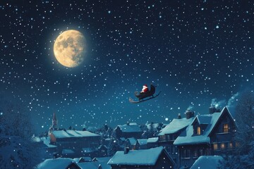 A magical Christmas night sky background with Santa’s sleigh silhouetted against the full moon, flying over a snow-covered town. Stars twinkle in the clear sky, and rooftops are dusted with fresh snow