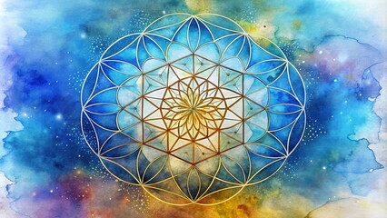 Sacred geometry pattern on cosmic watercolor background