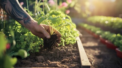 Nurturing Growth: A Hand Plants a Fresh Seedling into Rich Soil, Highlighting the Joy of Gardening and the Beauty of Nature in a Sunlit Garden