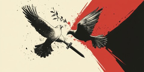 two birds, one peace, one war, red and black backgrounds.