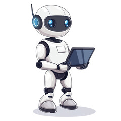 Poster - Robot holding tablet, futuristic design, friendly appearance, blue accents, isolated on transparent background, png