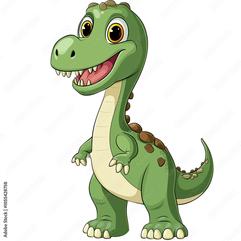 Cartoon dinosaur character, green with big eyes and friendly smile ...