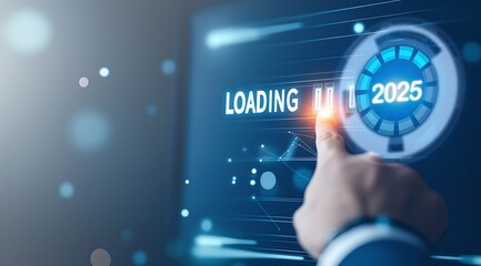 Aufkleber - Futuristic digital interface showing a loading screen and the year 2025, symbolizing progress and innovation.