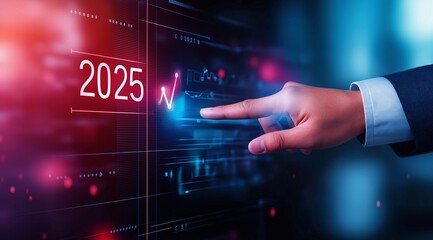 Poster - A hand interacts with a futuristic digital display showing the year 2025, symbolizing technology and innovation.