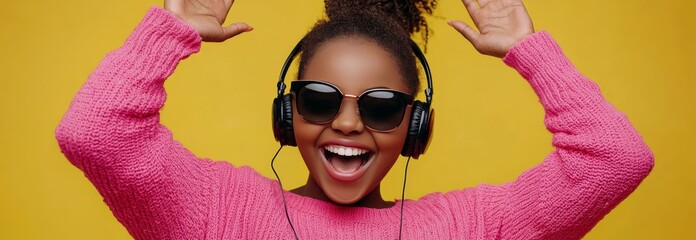 Young woman with headphones listening to music wearing pink sweater on yellow background.