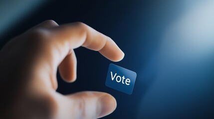 Close-up of a hand holding a digital 'Vote' button, symbolizing online voting, decision-making, and digital democracy.