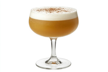 A glass of cocktail with a brownish color and a white foam on top