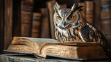Mądra sowa czyta książkę, z wyraźnym skupieniem i ciekawością. Jej pióra błyszczą w świetle, a otoczenie emanuje spokojem.