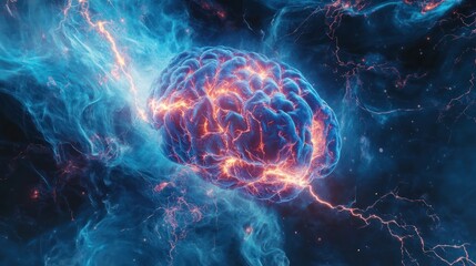 Poster - A captivating digital artwork depicting a human brain illuminated by bursts of electrical energy on a striking blue backdrop.