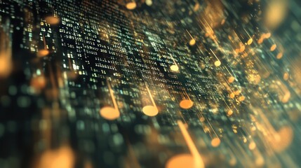 Poster - A captivating visualization of floating musical notes merging with indistinct computer language,