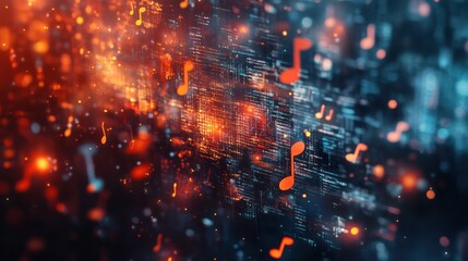 Poster - A captivating visualization of floating musical notes merging with indistinct computer language,