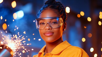 Confident Female Welder in Action: Sparks Fly in Industrial Setting