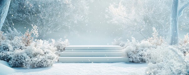 Poster - White staircase covered with snow in winter wonderland forest during snowfall
