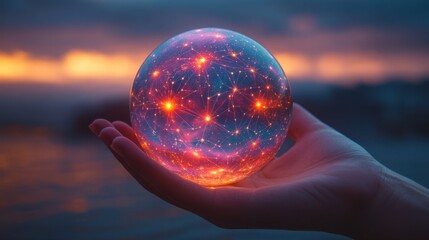 hand holding illuminated crystal ball at dusk