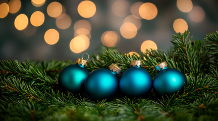 Wall Mural - Elegant Sapphire Blue christmas baubles on a bokeh background, Christmas tree leaves