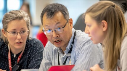 A man in glasses explains a concept to two colleagues at a conference table.