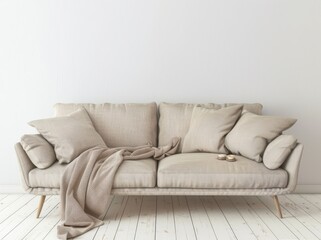 A beige sofa with pillows and a throw blanket in a minimalist living room with white walls and wooden floors