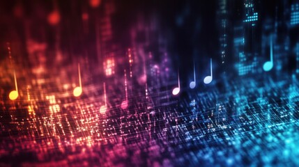 Poster - A captivating visualization of floating musical notes merging with indistinct computer language,