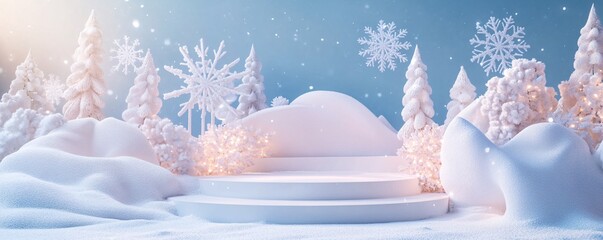 Aufkleber - Christmas podium in snowy winter wonderland with falling snowflakes