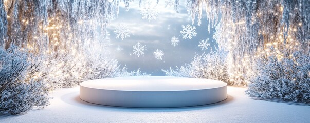 Poster - White podium displaying products surrounded by snowy trees and falling snowflakes