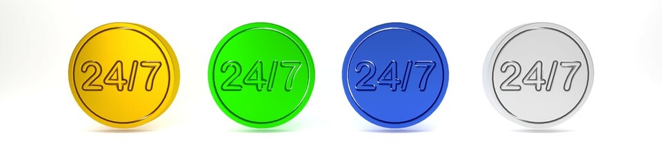 Poster - Colorful Clock 24 hours icon isolated on white background. All day cyclic icon. 24 hours service symbol. Minimalism concept. 3D render illustration