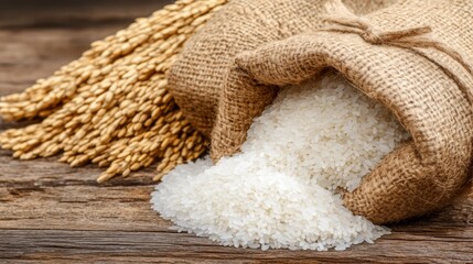 Abundant harvest, two burlap sacks overflowing with uncooked longgrain rice grains