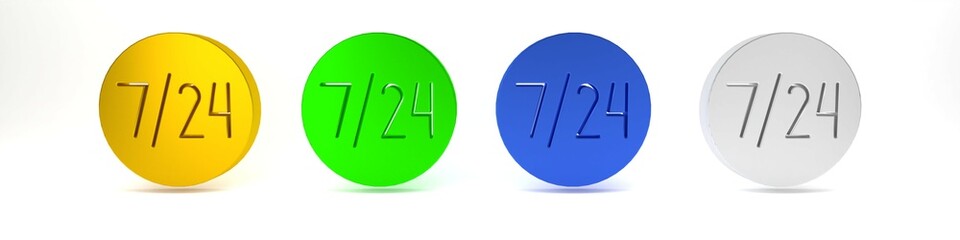 Poster - Colorful Clock 24 hours icon isolated on white background. All day cyclic icon. 24 hours service symbol. Minimalism concept. 3D render illustration