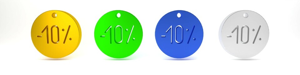 Poster - Colorful Ten discount percent tag icon isolated on white background. Shopping tag sign. Special offer sign. Discount coupons symbol. Minimalism concept. 3D render illustration