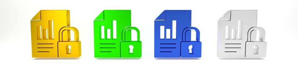 Poster - Colorful Document and lock icon isolated on white background. File format and padlock. Security, safety, protection concept. Minimalism concept. 3D render illustration