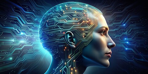 Poster - Futuristic AI Profile Silhouette with Microchip and Wires in High Dynamic Range Illustration