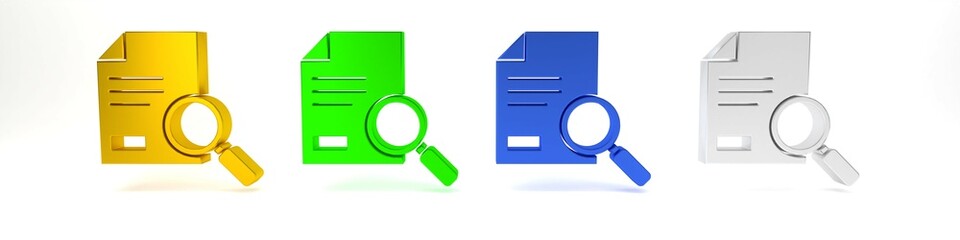 Poster - Colorful Document with search icon isolated on white background. File and magnifying glass icon. Analytics research sign. Minimalism concept. 3D render illustration