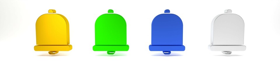 Poster - Colorful Church bell icon isolated on white background. Alarm symbol, service bell, handbell sign, notification symbol. Minimalism concept. 3D render illustration