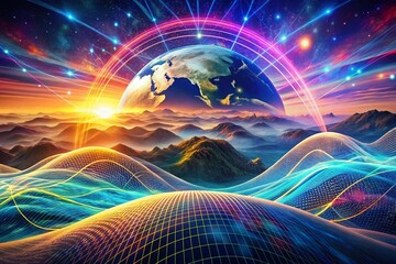 Poster - Futuristic Digital Wavy Background with Abstract Global Network Visual for Tech and Innovation Themes