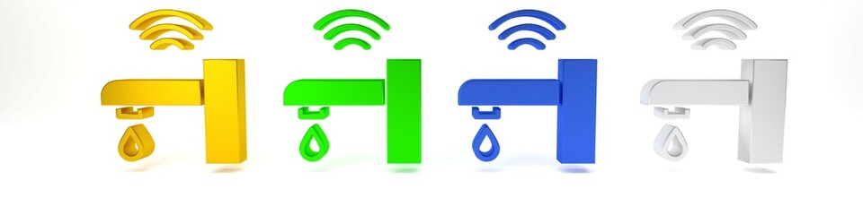 Poster - Colorful Smart water tap system icon isolated on white background. Internet of things concept with wireless connection. Minimalism concept. 3D render illustration