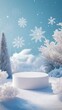 © HISTOCK - White podium displaying products in snowy winter wonderland with falling snowflakes