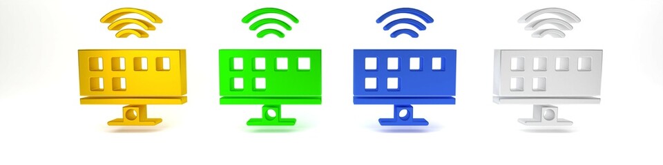 Poster - Colorful Smart Tv system icon isolated on white background. Television sign. Internet of things concept with wireless connection. Minimalism concept. 3D render illustration