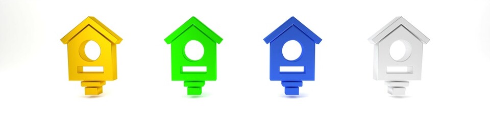 Wall Mural - Colorful Bird house icon isolated on white background. Nesting box birdhouse, homemade building for birds. Minimalism concept. 3D render illustration